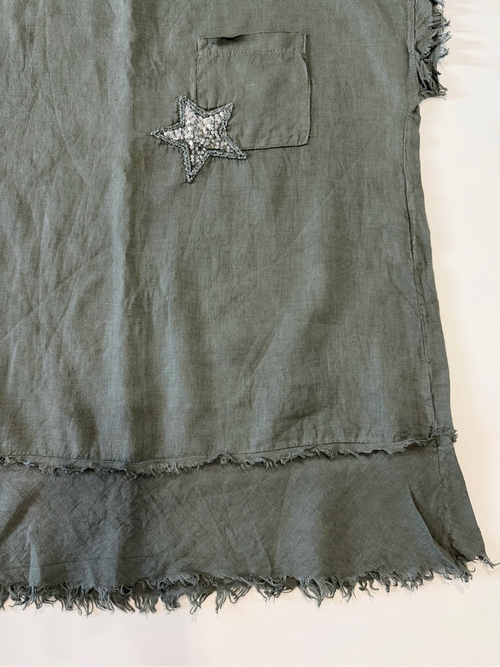 Made In Italy 100% Linen Overside Tunic Star Pocket Olive Green Top One Size - Picture 5 of 7